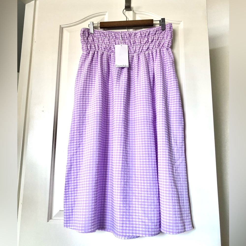 NWT Bershka Lilac Gingham Smocked Waist Maxi Skirt